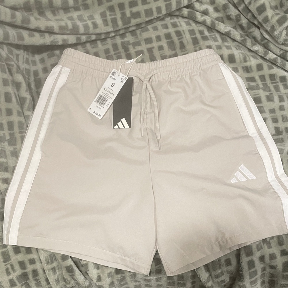 Brand New with Tags Adidas Light Beige Athletic Shorts with White Stripes
